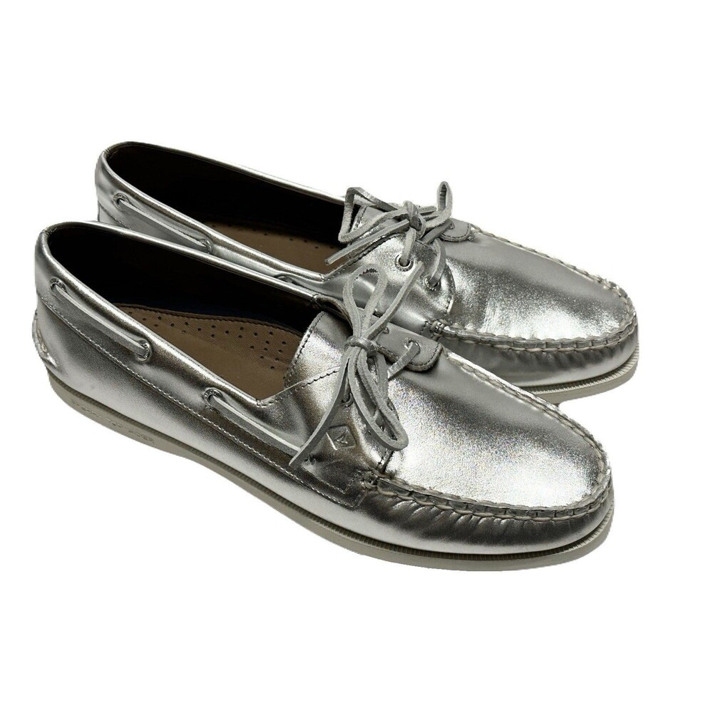 NEW Sperry Womens Size 10.5 Silver Leather Authentic Original Two-Eye Boat Shoe - Picture 4 of 9
